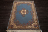 6x9 Blue, Ivory, Taupe Color Hand Knotted French Aubusson Savonnerie Wool Traditional Oriental Rug